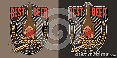 Craft beer vector logo with bottle and barley for brewery or factory. Emblem or print with grains of wheat and drink for Vector Illustration