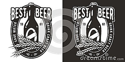 Craft beer vector logo with bottle and barley for brewery or factory. Emblem or print with grains of wheat and drink for Vector Illustration