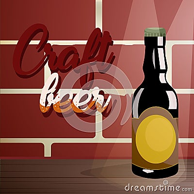 Craft beer on a wooden table, near a brick wall Vector Illustration