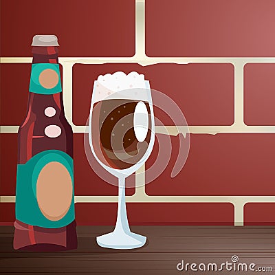 Craft beer on a wooden table, near a brick wall Vector Illustration