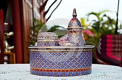Craft Benjarong is traditional thai five basic colors style pott Editorial Stock Photo