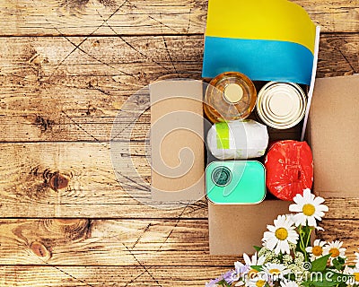 Craft Box with Humanitarian aid for Ukrainian refugees Stock Photo