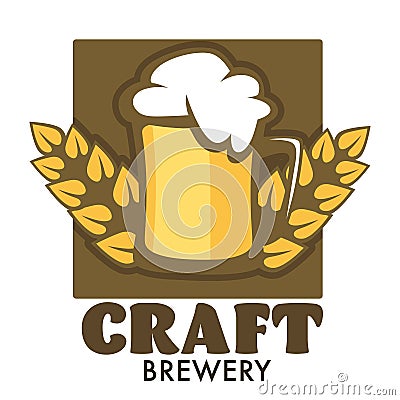 Craft brewery isolated emblem beer mug with foam and barley spikes Vector Illustration