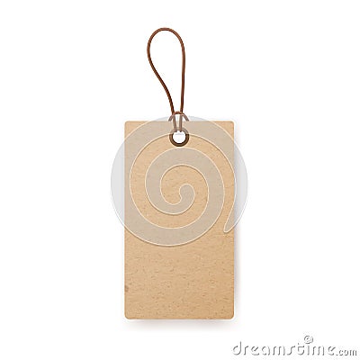 Craft cardboard label with loop and string. Kraft paper vintage price tag of rectangle shape, hanging on twine. Blank Vector Illustration