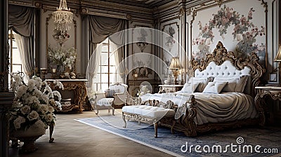 Craft a classic European-style luxury bedroom with antique furniture, intricate wallpaper, and a luxurious, hand-carved bed frame Stock Photo