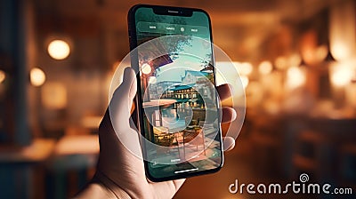 Craft a 3D-rendered image that focuses on the mobile app user experience for booking travel. Show a smartphone screen with a Stock Photo