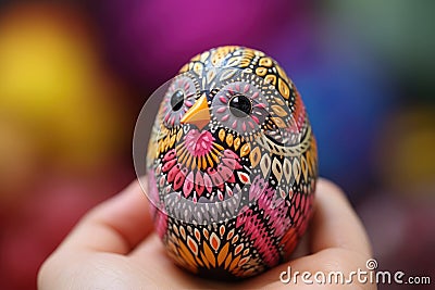 The craft in the form of a small Easter chicken is made from a chicken egg, decorated in folk style with patterns with small eyes Stock Photo