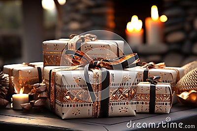 Craft gift boxes with black bows in ethno style and candles in antique interior. Generative AI Stock Photo