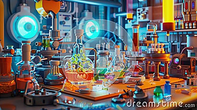 Craft a highangle view illustration of a comical scene in a science lab where tiny nanorobots create chaotic yet hilarious Cartoon Illustration