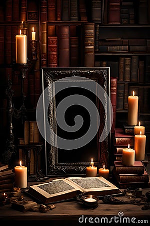 An image of a dark gothic vertical frame mockup surrounded by a collection of antique books and flickering candles. The Stock Photo