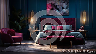 Craft a luxurious, contemporary bedroom filled with rich, jewel-toned hues Stock Photo