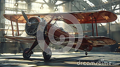 Craft a mesmerizing digital rendering of a classic biplane, showcasing intricate details and dynamic shadows from a unique low- Stock Photo