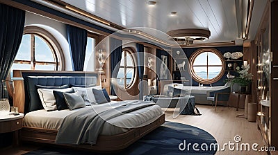Craft a nautical-themed luxury bedroom with a yacht-inspired design, navy blue accents, and porthole-style windows overlooking the Stock Photo