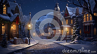 Craft a nostalgic scene of a small town covered in snow, with Victorian-style houses lit up with warm, inviting lights Stock Photo