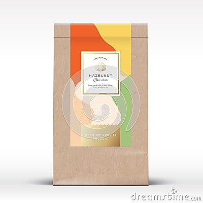 Craft Paper Bag with Hazelnut Chocolate Label. Abstract Vector Packaging Design Layout with Realistic Shadows. Modern Vector Illustration