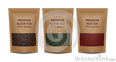 Craft paper bag package template on white background. Vector realistic pack mockup collection. Green, black, red tea Vector Illustration