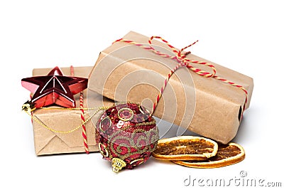 Craft paper christmas presents isoladed on white Stock Photo
