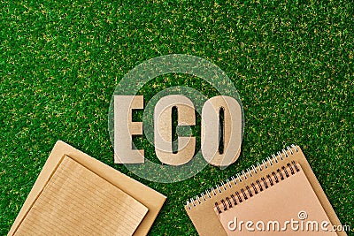 Craft paper on grass, recycling concept, top view Stock Photo