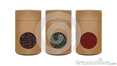 Craft paper pot template. Vector realistic pack with window for tea. Red, green, black tea. Brown packaging Stock Photo