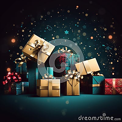 gift boxes and ribbons set against a glittering background Stock Photo