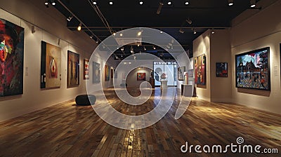 Craft a visually stunning composition of an art gallery with a unique tilted angle approach Infuse elements that stimulate touch, Stock Photo