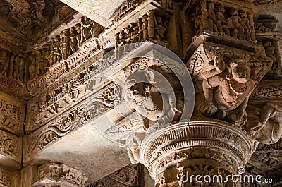 Crafted designs on rocks at Sun Temple Modhera Stock Photo