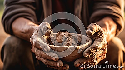 Soiled hand shaping clay in an outdoor workshop Stock Photo