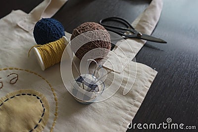 Crafting tools , Sewing accessories and fabric on wood Stock Photo