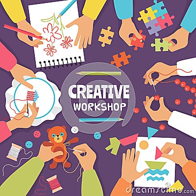 Crafting top view. Hands sewing knitted craft from paper and scissors kids handy workshop vector colored background Vector Illustration