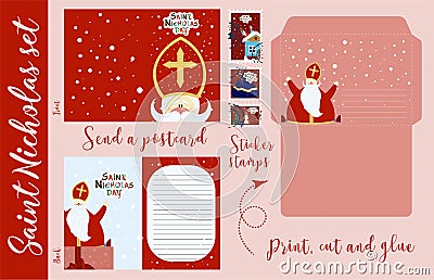 Crafts for children. Saint Nicholas set. Congratulations, letter to St. Nicholas. Winter Christian holiday. Sinterklaas. An old Vector Illustration