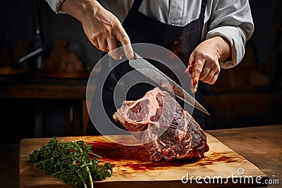 Craftsman adeptly cuts lamb shoulder, demonstrating mastery over meat preparation process Stock Photo