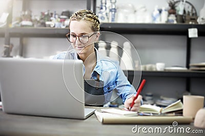 Craftsman Browsing Laptop Connection Technology Concept Stock Photo