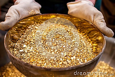 Craftsman holding small gold nuggets ready for melting to create stunning jewelry pieces Stock Photo