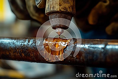 Craftsman using welding torch to apply molten metal on a pipe in workshop. Generative AI Stock Photo