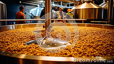 Craftsmanship and quality workers inspecting golden brew in traditional beer production facility Stock Photo