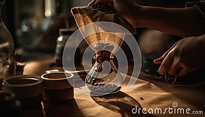 Craftsperson making coffee with equipment in small business coffee shop generated by AI Stock Photo