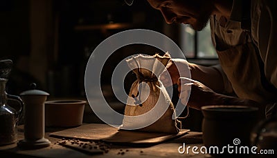 Craftsperson making pottery on table with human hand and work tool generated by AI Stock Photo