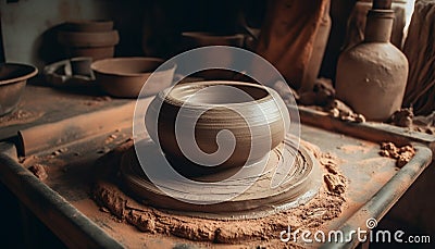 Craftsperson molding clay on wheel, creating vase generated by AI Stock Photo