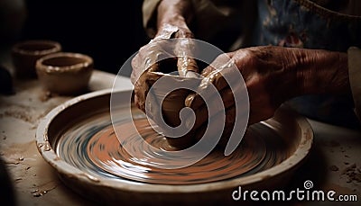 Craftsperson skillfully molds earthenware vase on pottery wheel generated by AI Stock Photo