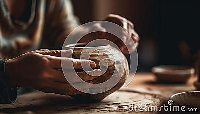 Craftsperson skillfully turning clay on pottery wheel in workshop generated by AI Stock Photo