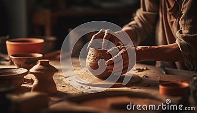 Craftsperson turning clay on pottery wheel, molding a vase shape generated by AI Stock Photo