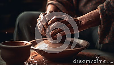 Craftsperson turning wet clay on pottery wheel, creating beautiful vase generated by AI Stock Photo