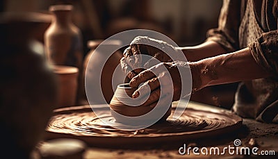 Craftsperson turning wet clay on pottery wheel, molding vase shape generated by AI Stock Photo