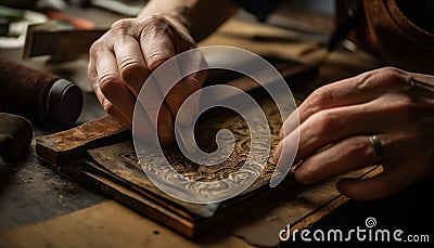 Craftsperson using hand tools to carve an antique wooden plank generated by AI Stock Photo