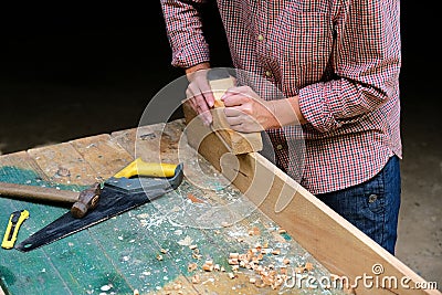 Craftswoman working with wooden plane. DIY, woodwork concept Stock Photo