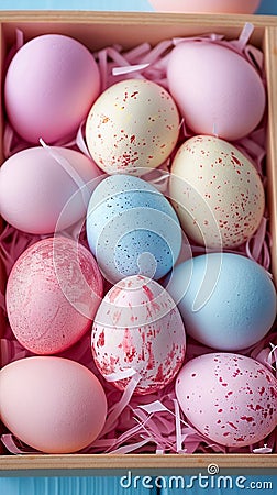 Crafty Easter gift idea Pastel colored eggs arranged in box Stock Photo