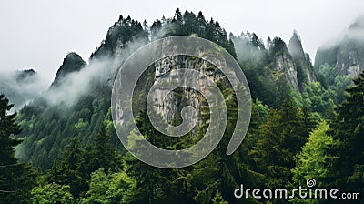 Majestic Crag With Deciduous Trees And Firs In Rainy Weather Stock Photo