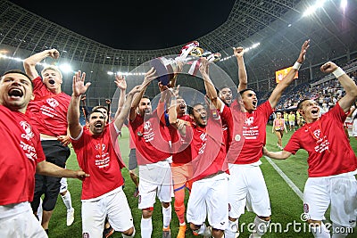 Members of CFR Cluj soccer team celebrate winning the Supercup Editorial Stock Photo