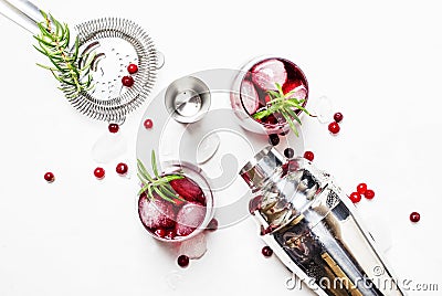 Cranberry cocktail with ice, rosemary and berries, bar tools, white background, top view Stock Photo