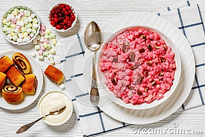 cranberry creamy salad with marshmallows, top view Stock Photo